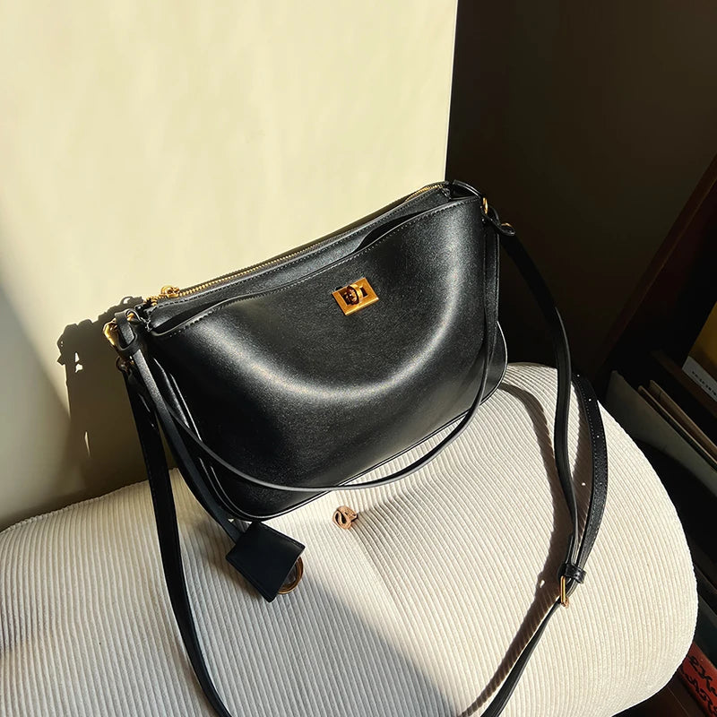 Luxury Rodeo Women Shoulder Bags Cowhide Leather Brand Black Handbags For Women Fashion Gold Silver Buckle Design Underarm Bags