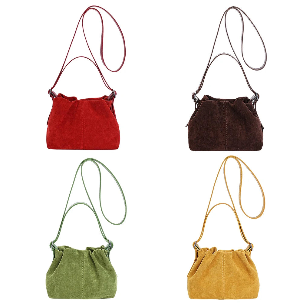 Women Suede Leather Shoulder Bag Vintage Tote Handbag Travel Autumn Winter Causal Crossbody Bags Lightweight Drawstring Handbag