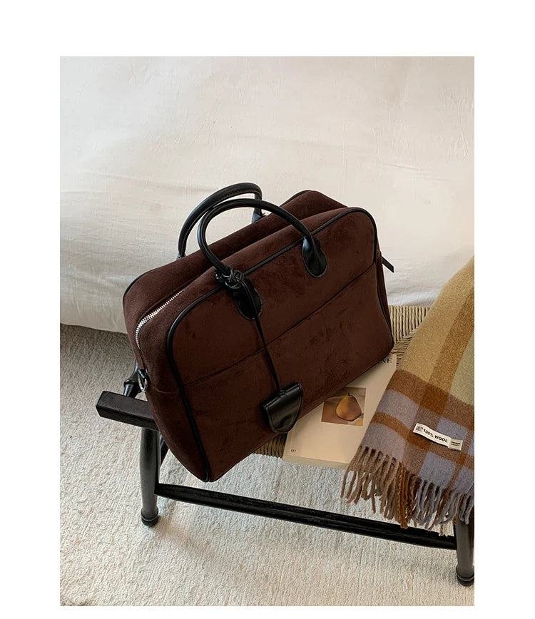 Faux Suede Taupe Retro Tote Bags for Women Solid Color Large Capacity Commuting Versatile Casual Shoulder Bag Classic Handbag