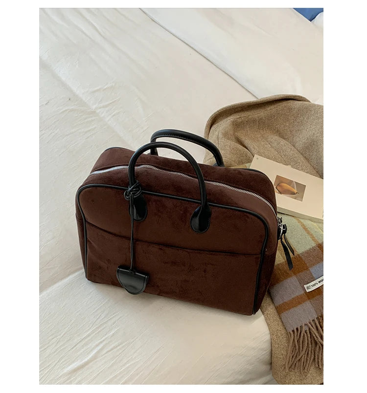 Faux Suede Taupe Retro Tote Bags for Women Solid Color Large Capacity Commuting Versatile Casual Shoulder Bag Classic Handbag