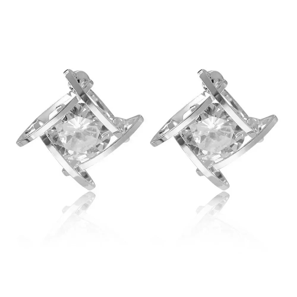 Zircon Small Square Crystal Stud Earrings For Women Luxury Vintage Wedding Party Jewelry Gift