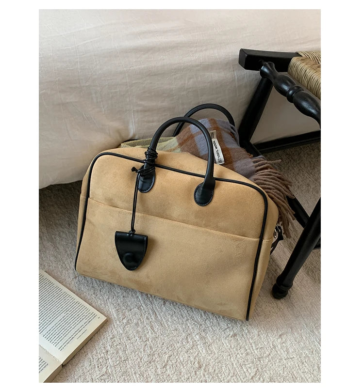 Faux Suede Taupe Retro Tote Bags for Women Solid Color Large Capacity Commuting Versatile Casual Shoulder Bag Classic Handbag