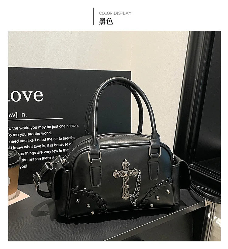 2026 Spring New Punk Gothic Cross Body Bag for Women Small Square Shoulder Bag with Metal Studs Cross Design Edgy Alternative