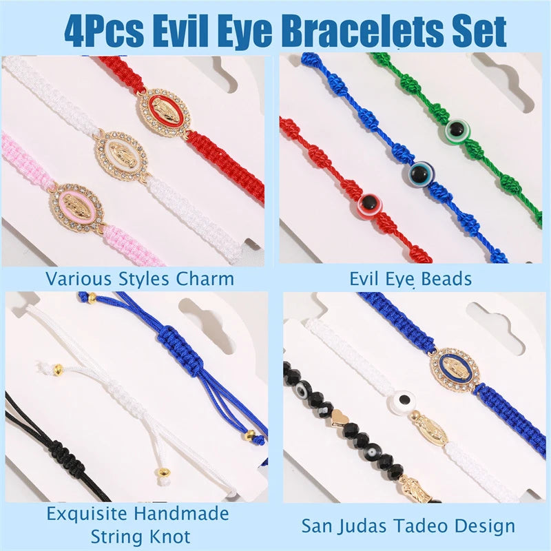 4Pcs Mexican Braclets Virgin Mary San Judas Bracelet For Women Girls Red String Evil Eye Green Beads Anklets Jewelry Gift