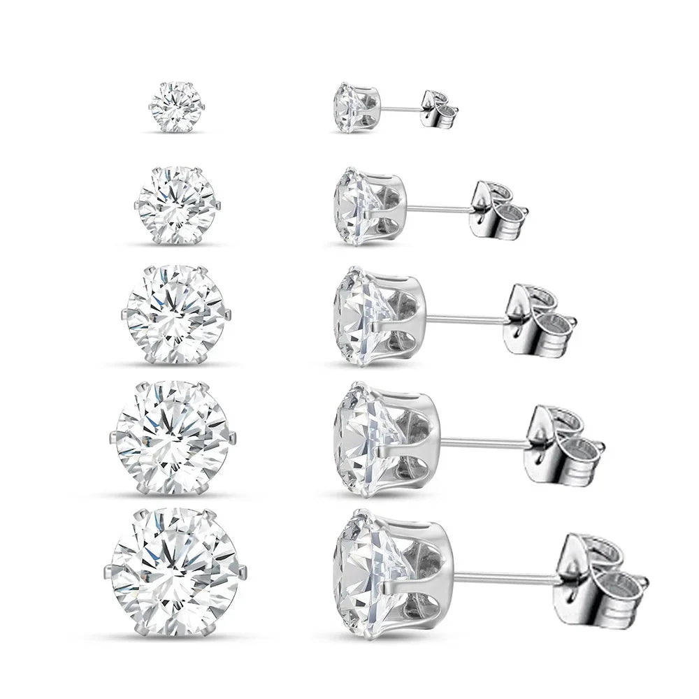 5 Pairs Zircon Stud Earrings Set For Women Men Fashion Gold Silver Color Earring Unisex Ear Piercings Jewelry Gift