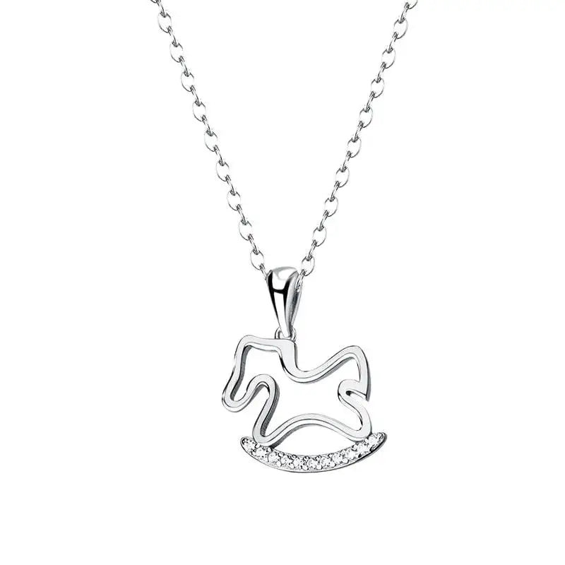 1/2Pcs Fashion Cute Shiny Zircon Hollowed-out Wooden Horse Pendant Necklace For Woman Girls Collarbone Chain Jewelry Gift