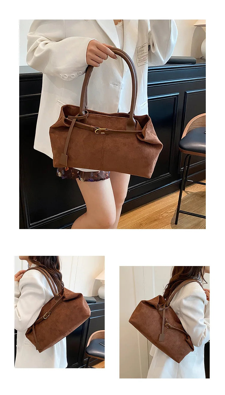 Belt Design Matte Leather Women's Tote Shoulder Bag Suede Velvet Female Underarm Bags Large Capacity Ladies Work Handbags Purse