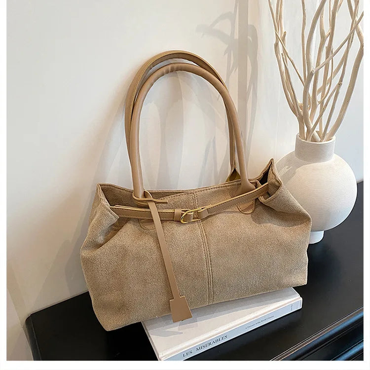 Belt Design Matte Leather Women's Tote Shoulder Bag Suede Velvet Female Underarm Bags Large Capacity Ladies Work Handbags Purse