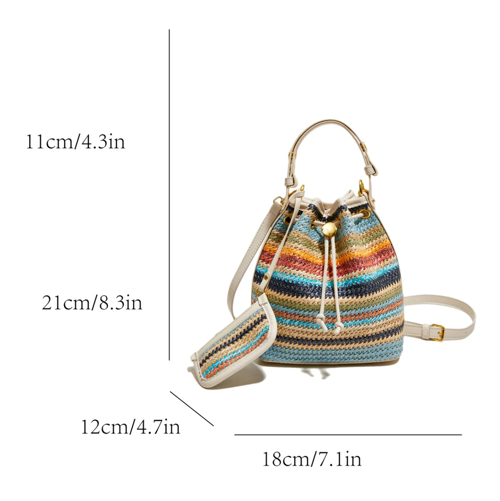 2 Pcs/set Bucket Design Crossbody Bag 2025 Boho Beach Shoulder Purses and Handbags Summer Colorful Straw Bolsa Feminina New