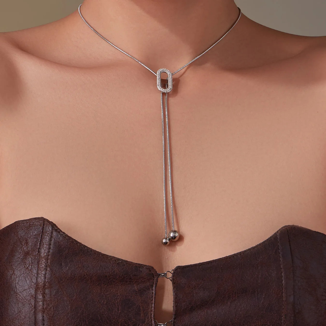 Ars 18K Gold Plated Y Necklace Stainless Steel Tassel Necklace Adjustable Oval Pendant Necklace Women's Zircon Lariat Necklaces