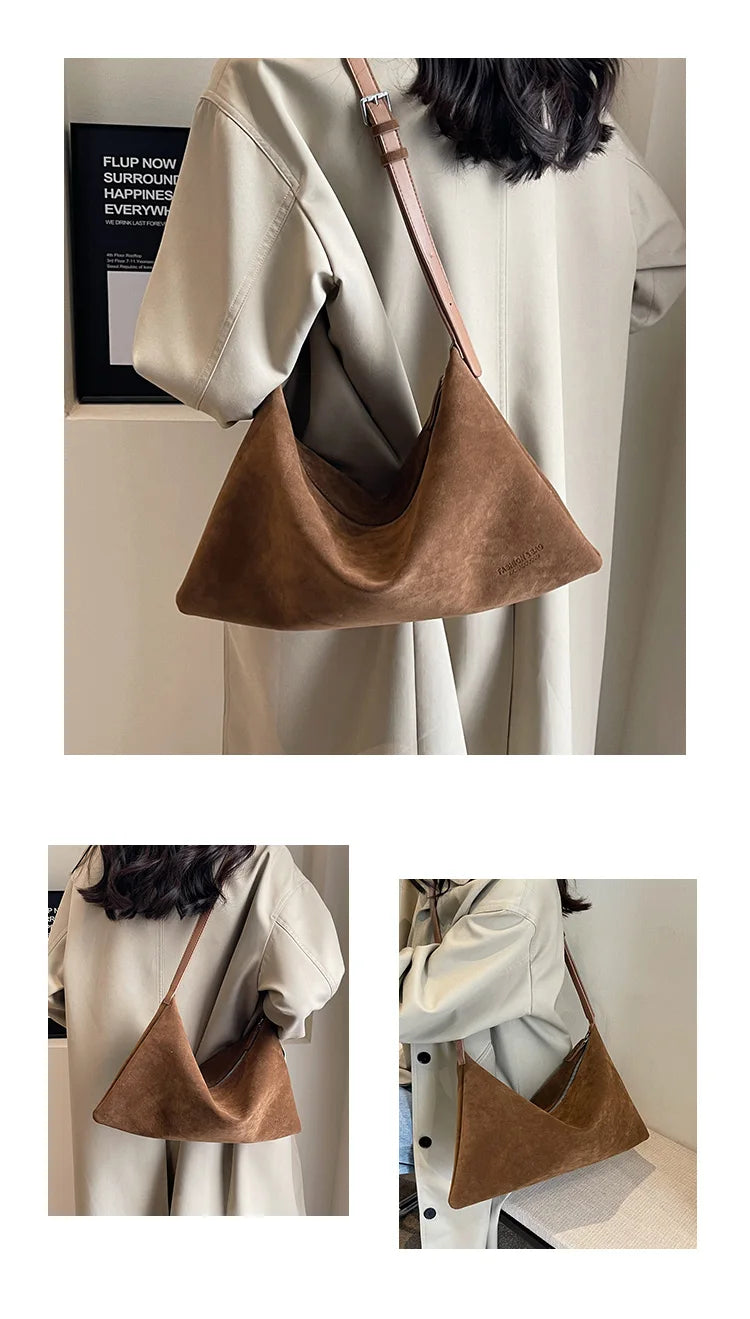 Vintage Suede Tote Bag For Women Autumn Winter New Large Capacity Commute Shoulder Crossbody Bags Fashion Trend Underarm Bags