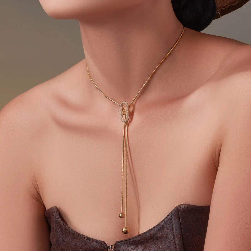 Ars 18K Gold Plated Y Necklace Stainless Steel Tassel Necklace Adjustable Oval Pendant Necklace Women's Zircon Lariat Necklaces