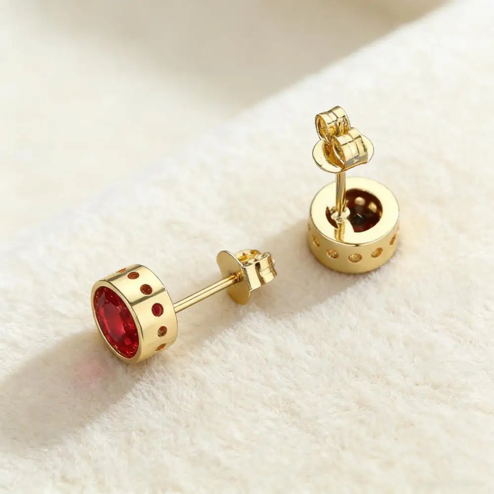 Red Zircon Round Stud Earrings For Women Men Gold Color Female Male Wedding Engagement Party Jewelry Mother Valentine Day Gifts