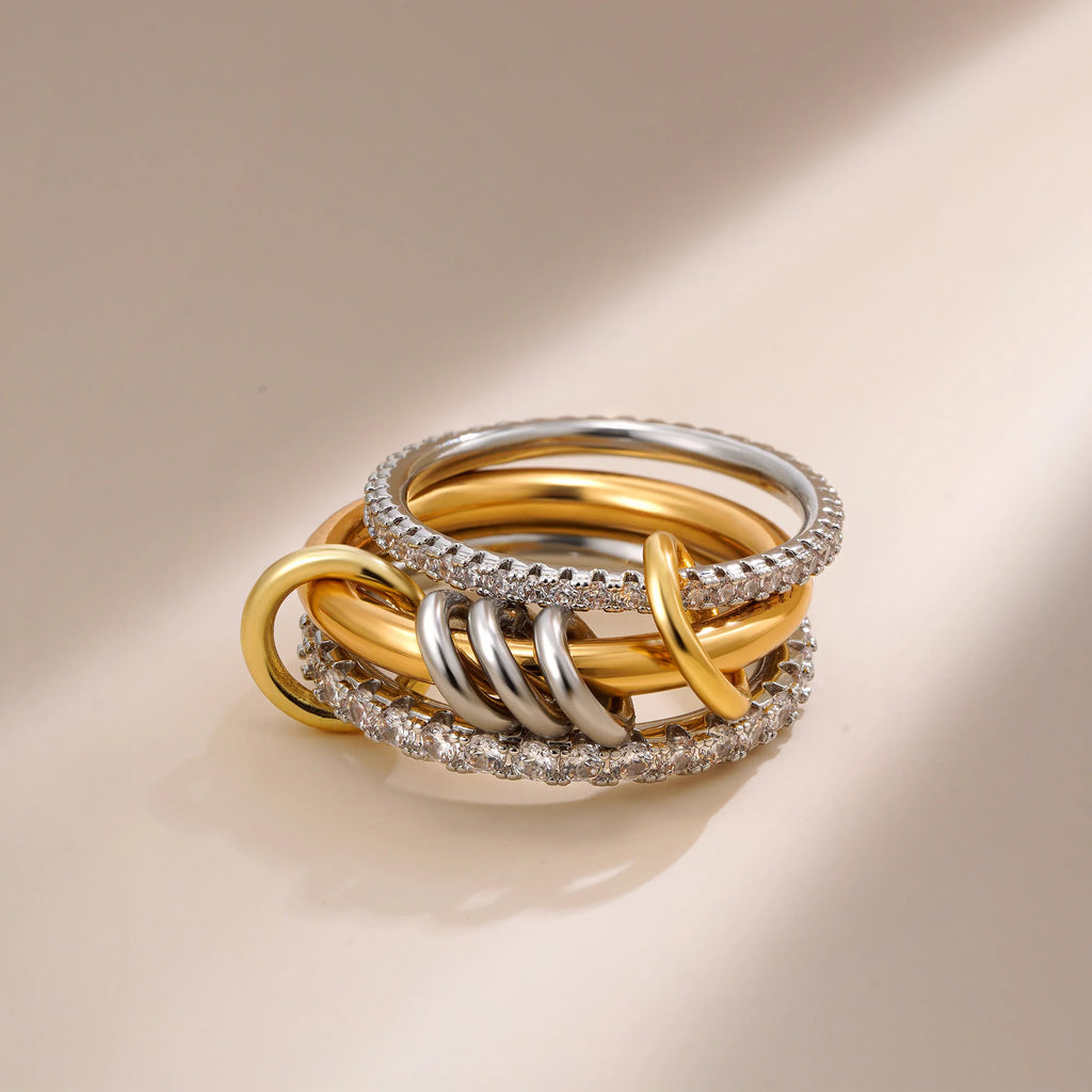 Luxury Cubic Zirconia Gold Plating Multilayer Connecting Rings for Women Fashion Mixed Color Stackable Finger Ring Party Jewelry