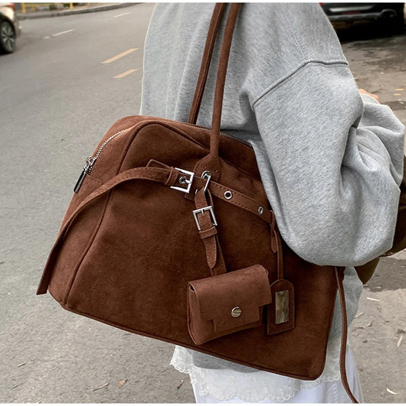 New Retro Ladies Tote Bag Highend Pu Suede Handbag Fashion Simple Large-capacity Shoulder Bag Korean Version Commuter Travel Bag