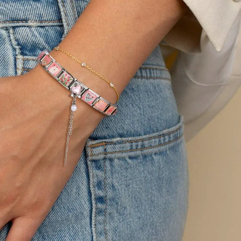 Zircon Moon Cherry Heart Star Bow Knot Butterfly Tassel Italian Charm Links Fit 9mm Bracelet Stainless Steel DIY Making Gifts