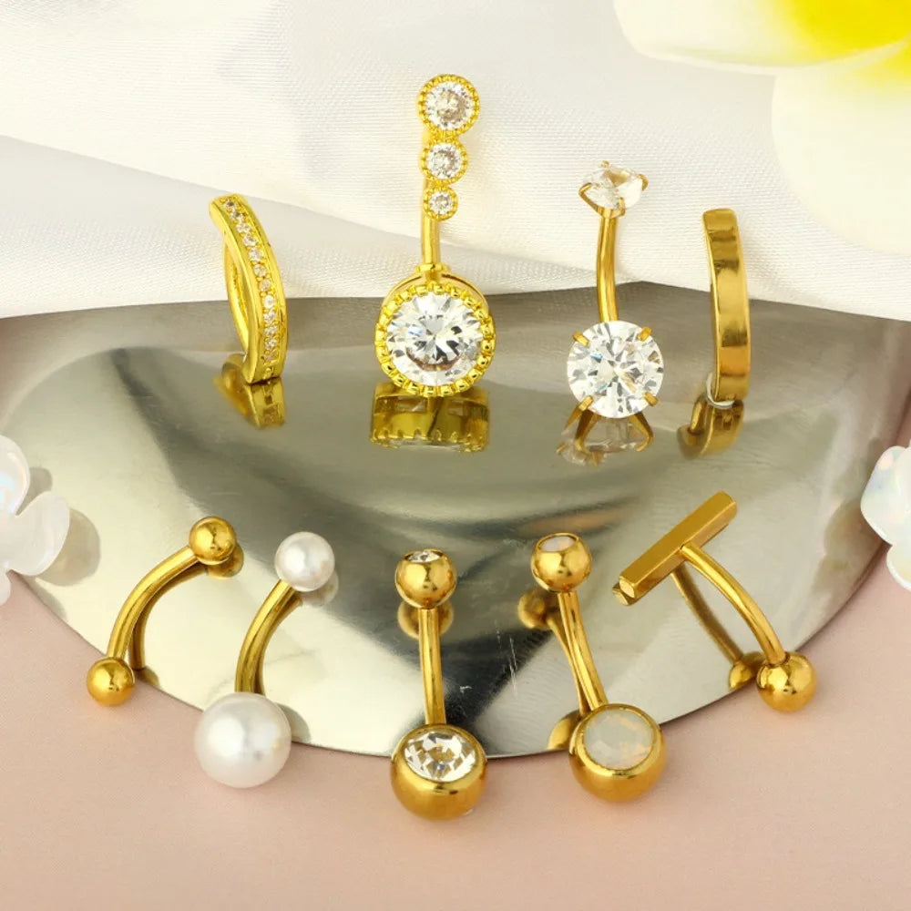9pcs Set Trendy Classic Arc Double Head Shiny Round Zircon Navel Ring for Women Men Stainless Steel Piercing Body Jewelry Sets