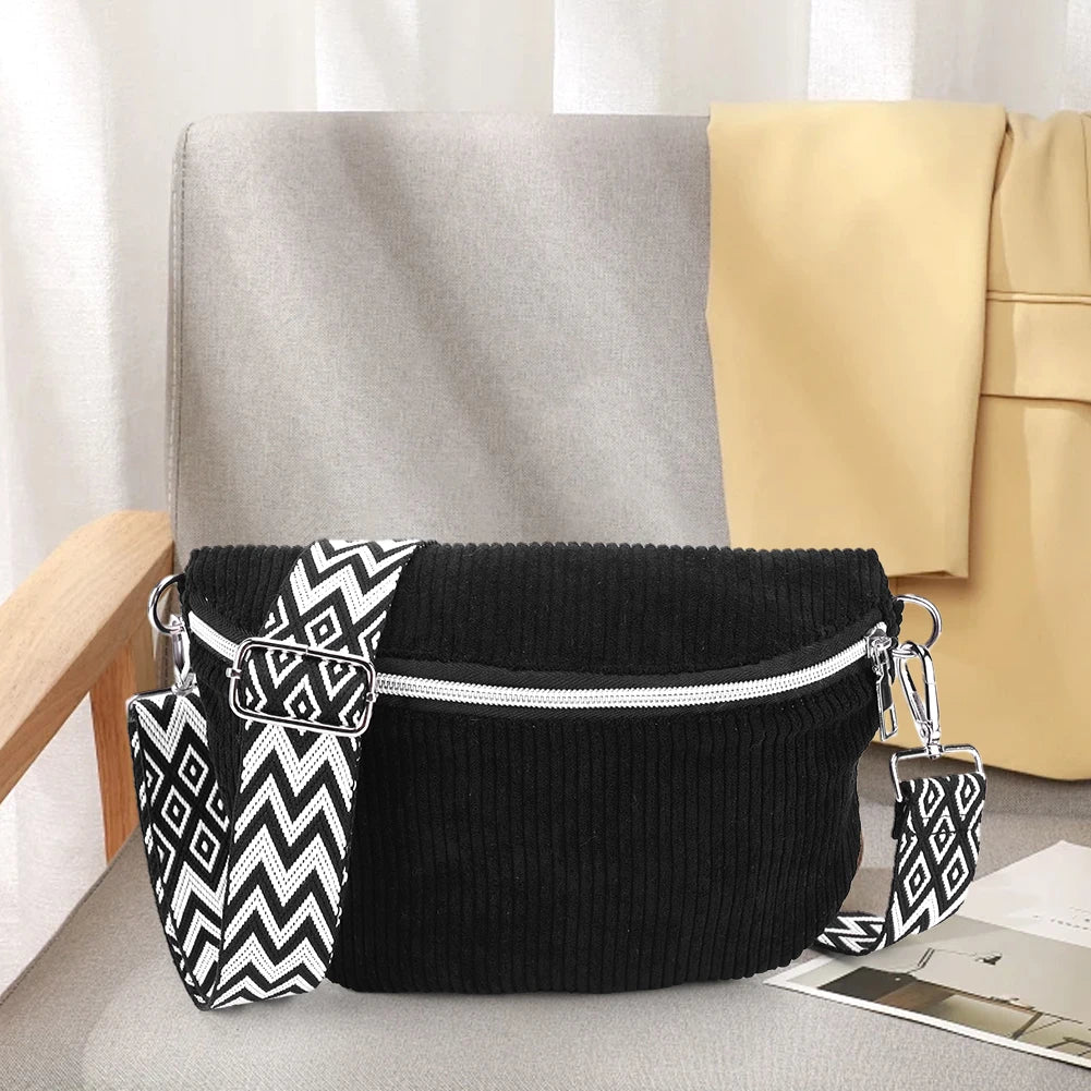 Shoulder Bag for Men Women with Adjustable Wide Strap Crossbody Bag Corduroy Solid Bum Bag Zipper Fanny Pack for Travel Workout