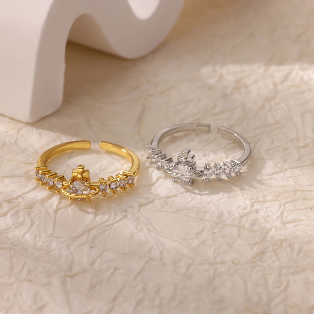Luxury Zircon Round Rings For Women Gold Color Stainless Steel Open Ring Luxury Wedding Couple Aesthetic Jewerly Accessories