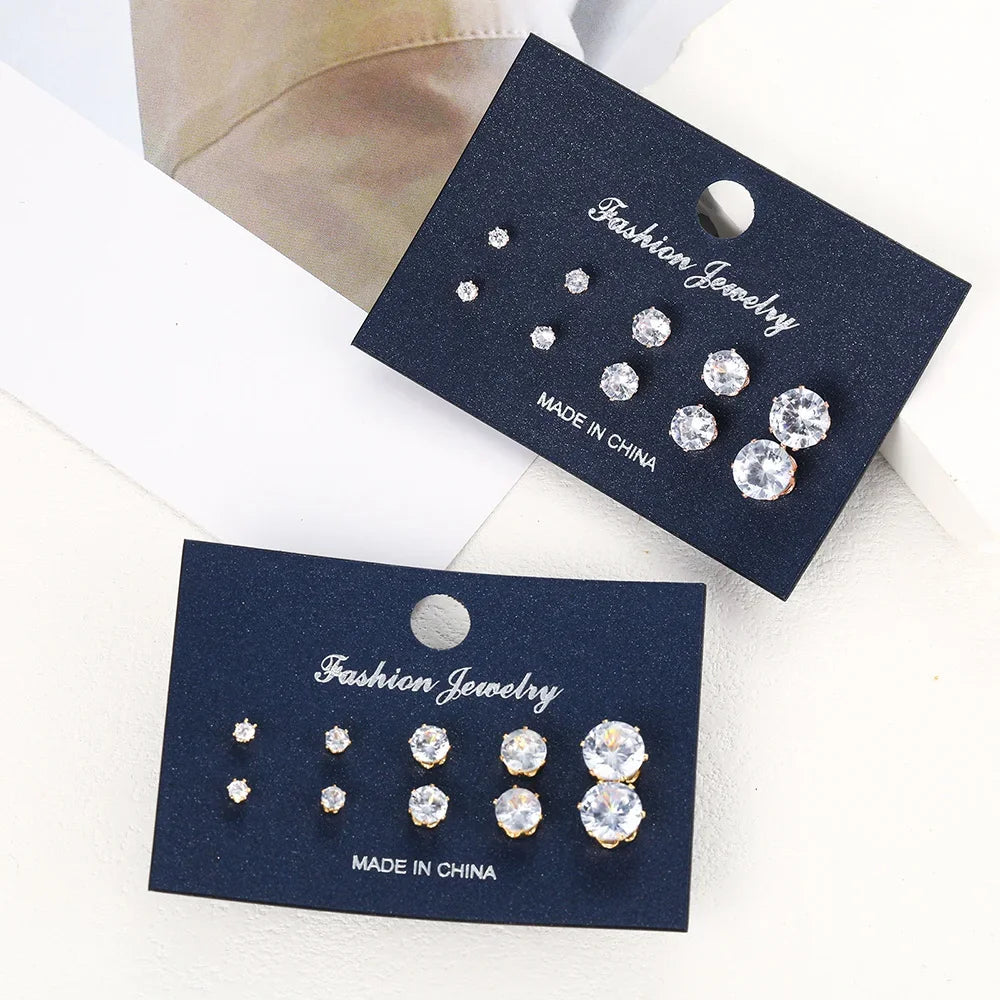 5 Pairs Zircon Stud Earrings Set For Women Men Fashion Gold Silver Color Earring Unisex Ear Piercings Jewelry Gift