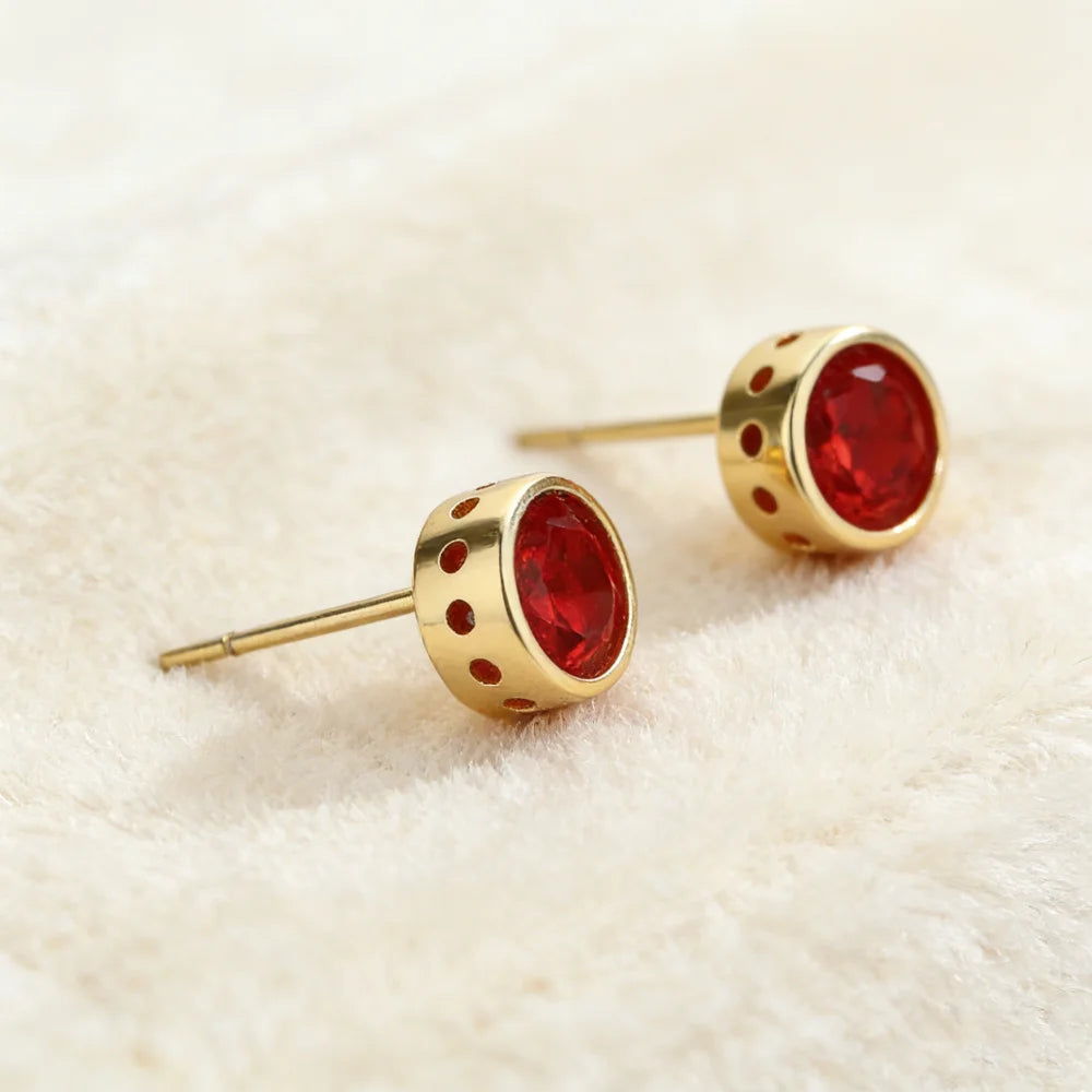 Red Zircon Round Stud Earrings For Women Men Gold Color Female Male Wedding Engagement Party Jewelry Mother Valentine Day Gifts