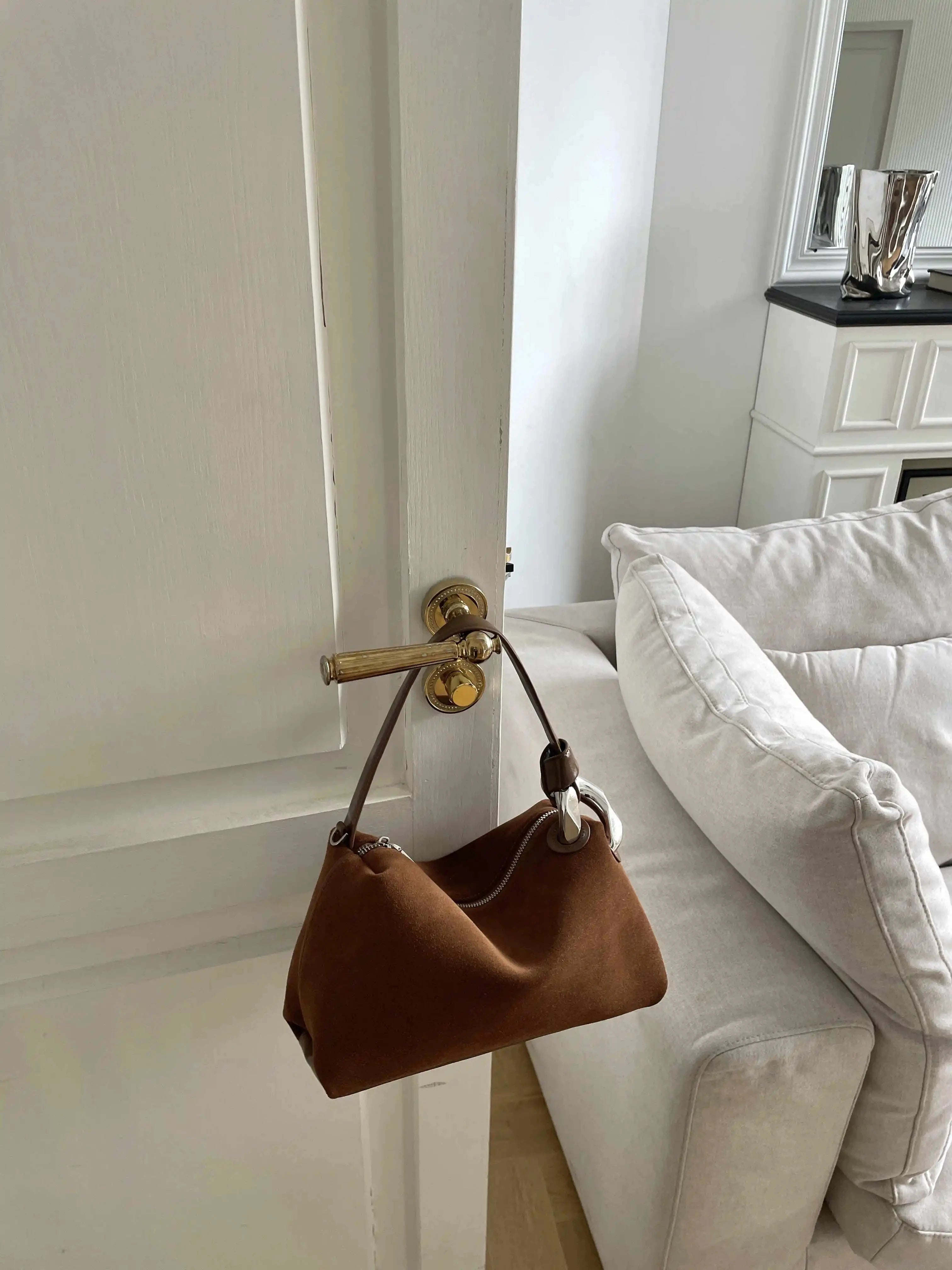 2026 New Fashion Brown Suede Genuine Leather Shoulder Bag Women's Retro Soft Tote Casual Daily Crossbody Handbag