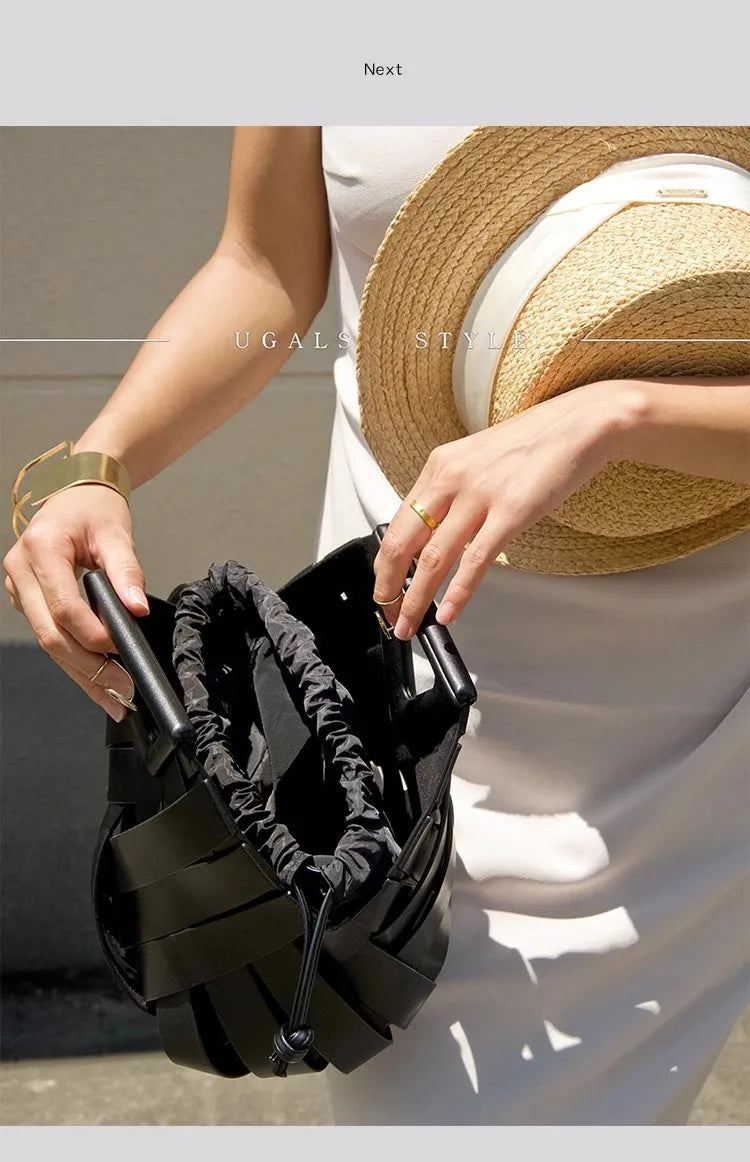 High Quality Women Handbag Textured Woven Handmade Bucket Bag Luxury Clutch Purse Large Capacity Female Shoulder Messenger Bag