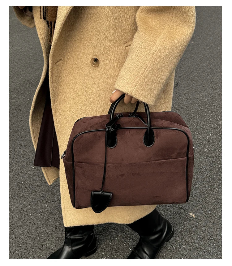 Faux Suede Taupe Retro Tote Bags for Women Solid Color Large Capacity Commuting Versatile Casual Shoulder Bag Classic Handbag