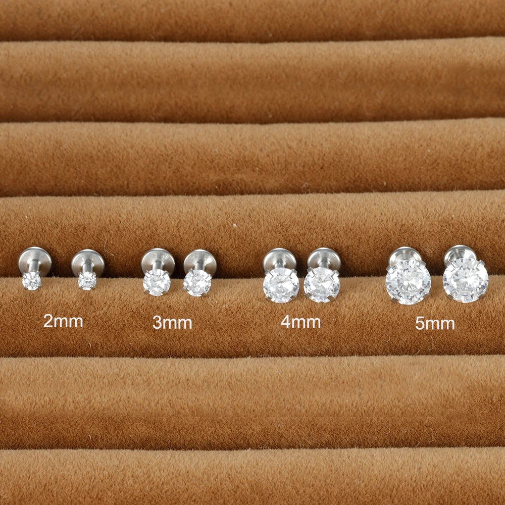 2PCS Stainless Steel 2/3/4/5mm Zircon Sparkling Stud Earrings for Women Girl Minimalism Labret Lip Tragus Helix Piercing Jewelry
