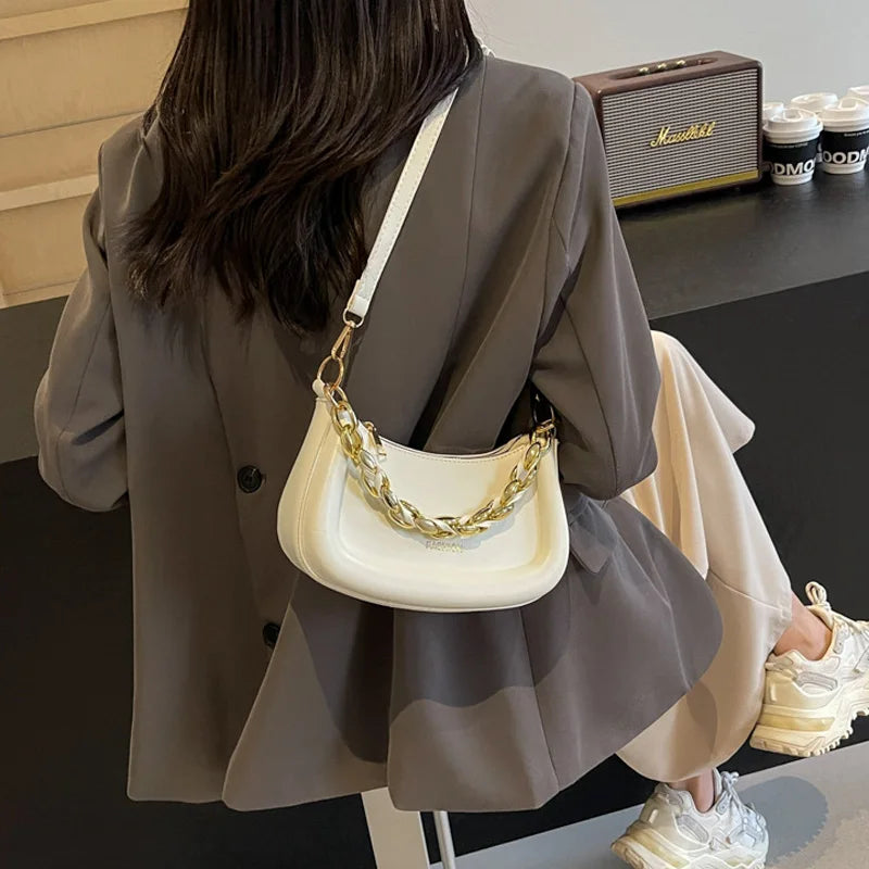 Fashion Chain Handbags Women's Crossbody Bags, Solid PU Leather Shoulder Bag For Daily Used