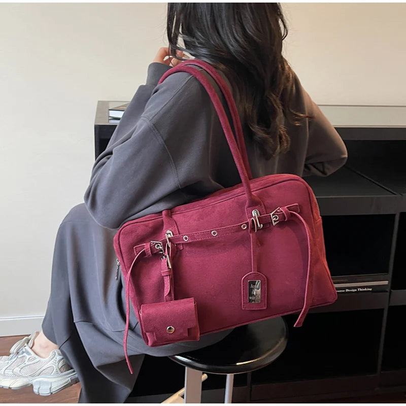 New Retro Ladies Tote Bag Highend Pu Suede Handbag Fashion Simple Large-capacity Shoulder Bag Korean Version Commuter Travel Bag