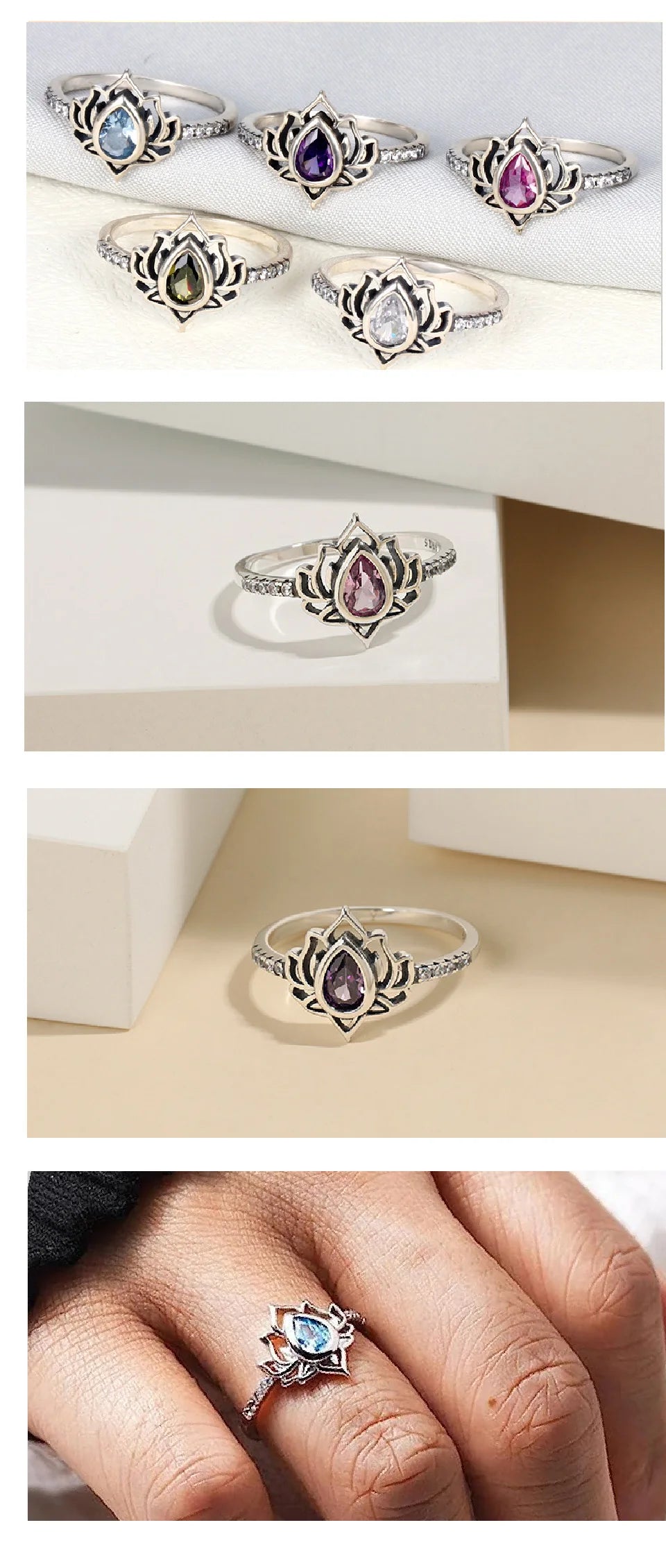 YILUOCD 925 Thai silver Adjustable Rings For Women Lotus Flower Colorful Zircon Ring Boho Female Fine Jewelry Gift