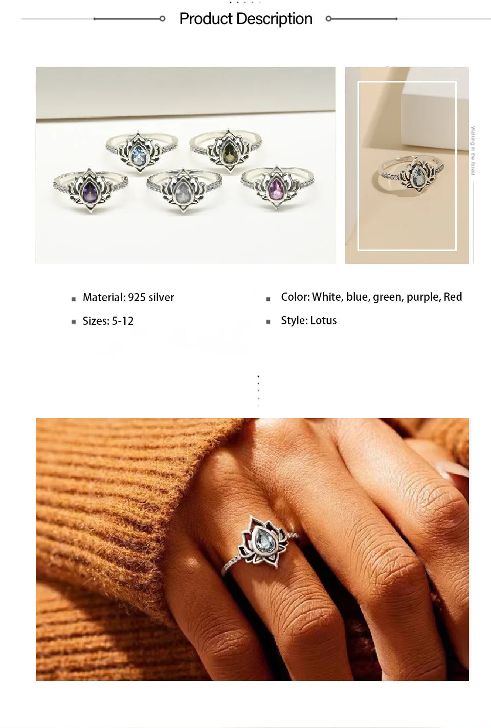 YILUOCD 925 Thai silver Adjustable Rings For Women Lotus Flower Colorful Zircon Ring Boho Female Fine Jewelry Gift