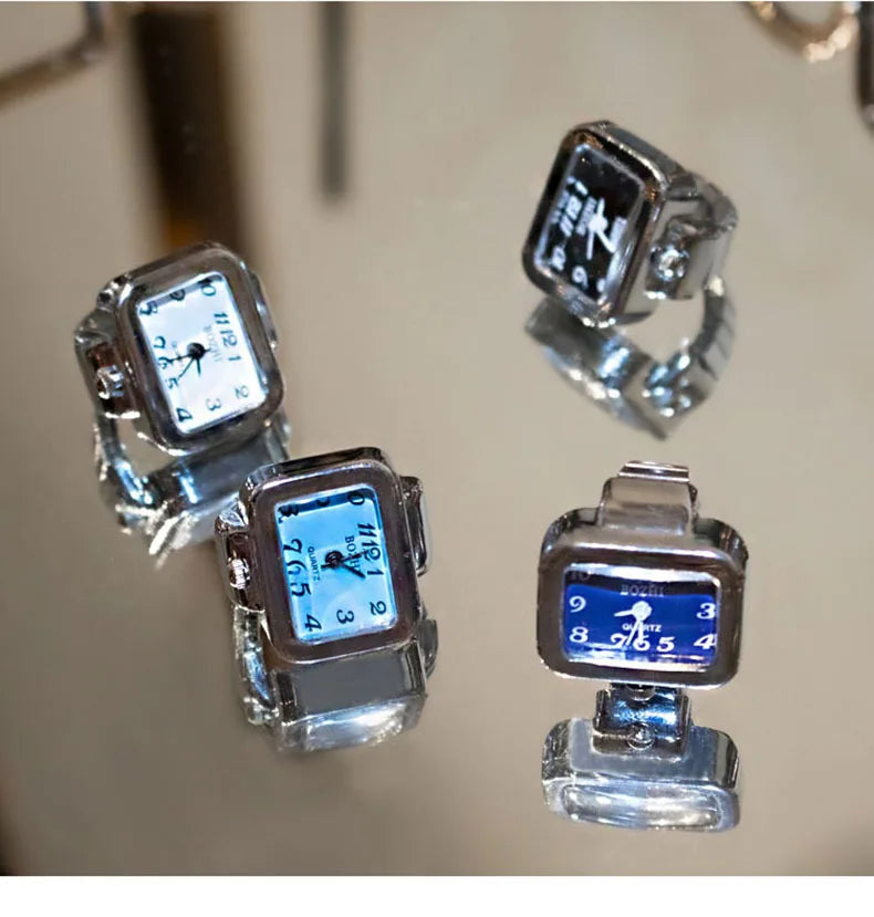Fashion Adjustable Time Real Watch Rings for Men Women Square Dial Stainless Steel Punk Hiphop Jewelry Mini Battery Clock Gifts