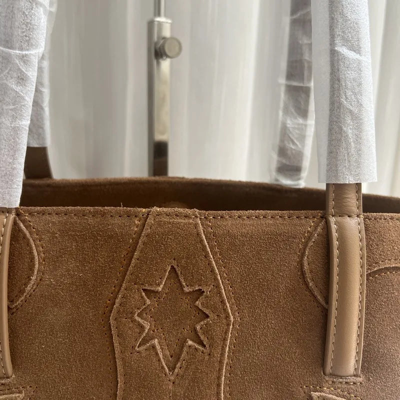 New Brown Suede Hobo Bag for Women, Studded Cowhide Large Tote Purse, Faux Suede Leather Shoulder Crossbody Handbag for Shopping
