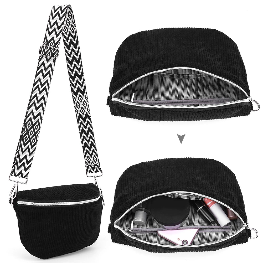 Shoulder Bag for Men Women with Adjustable Wide Strap Crossbody Bag Corduroy Solid Bum Bag Zipper Fanny Pack for Travel Workout