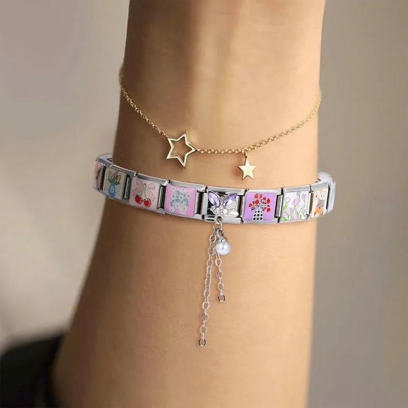 Zircon Moon Cherry Heart Star Bow Knot Butterfly Tassel Italian Charm Links Fit 9mm Bracelet Stainless Steel DIY Making Gifts