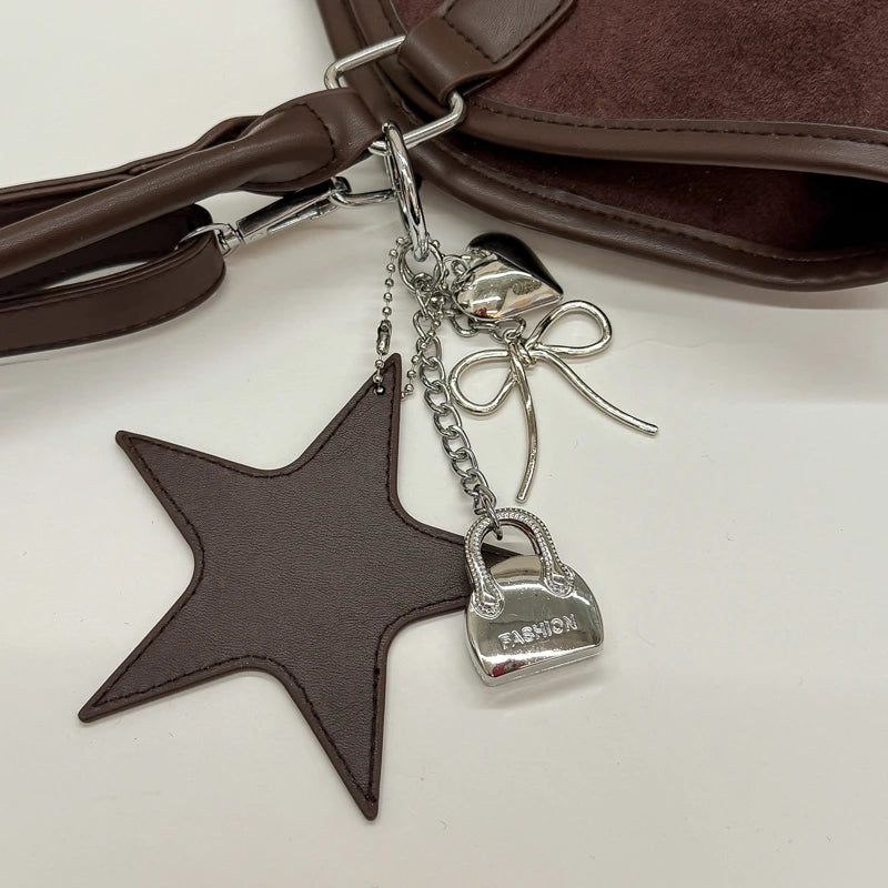 Polka Dot Suede Shoulder Bag Women Stylish Brown Slouchy Tote Drawstring Design Magnetic Buckle Underarm Bag With Star Pendant