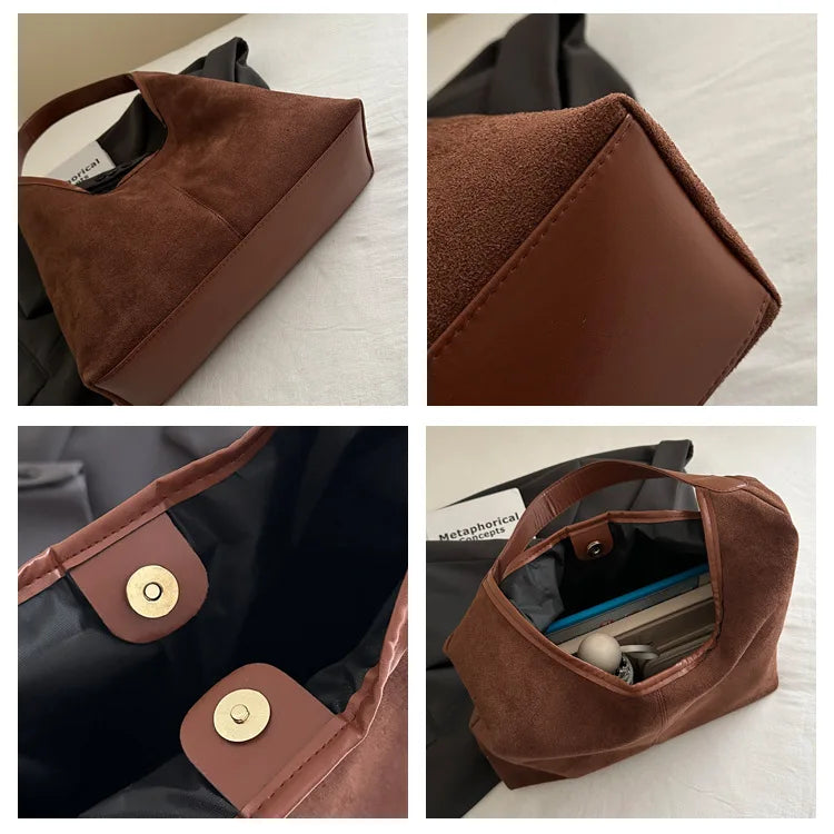 Vintage Faux Suede Tote Bags for Women Large Capacity Shoulder Ladies Underarm Bag Casual Simple Commuter Female Handbags