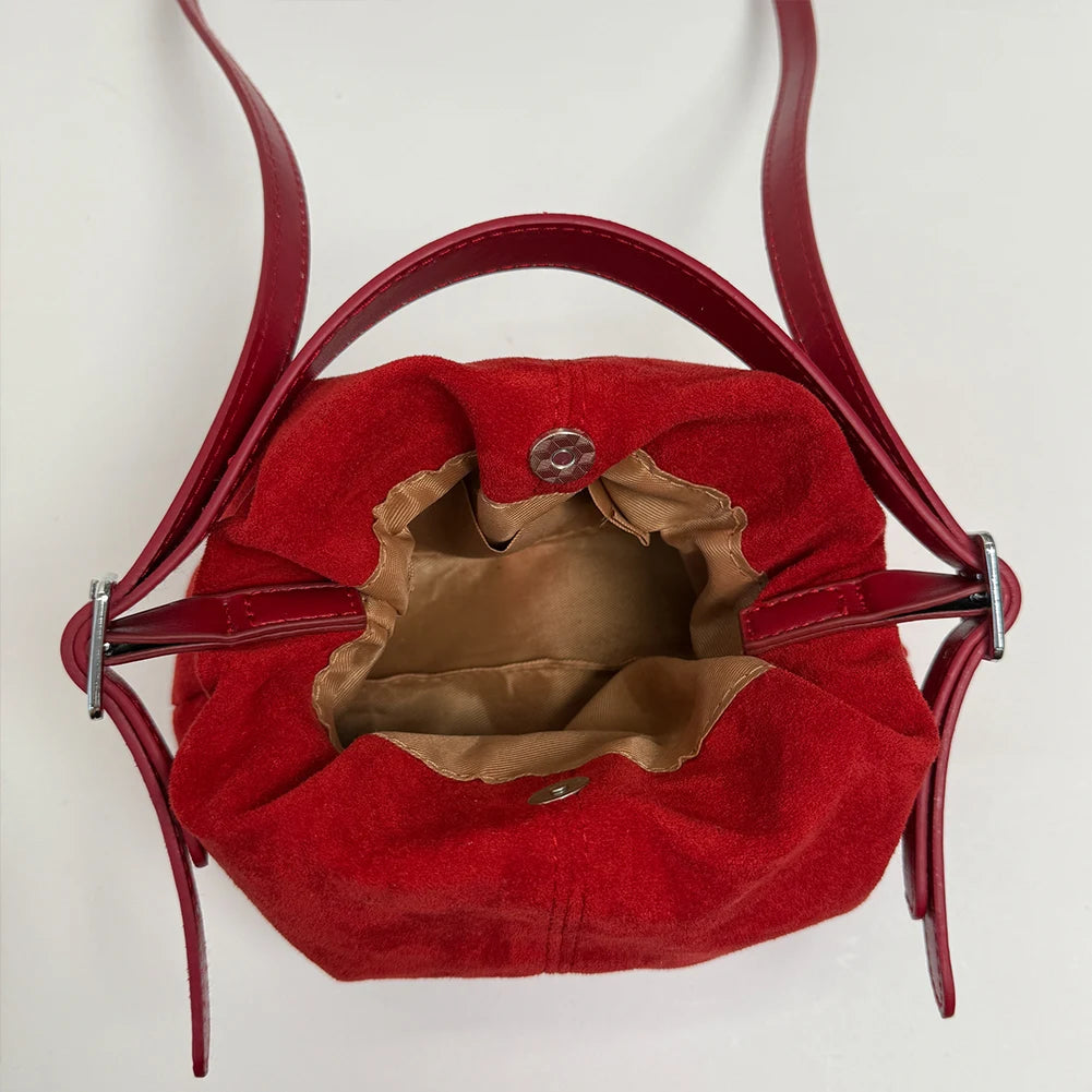Women Suede Leather Shoulder Bag Vintage Tote Handbag Travel Autumn Winter Causal Crossbody Bags Lightweight Drawstring Handbag