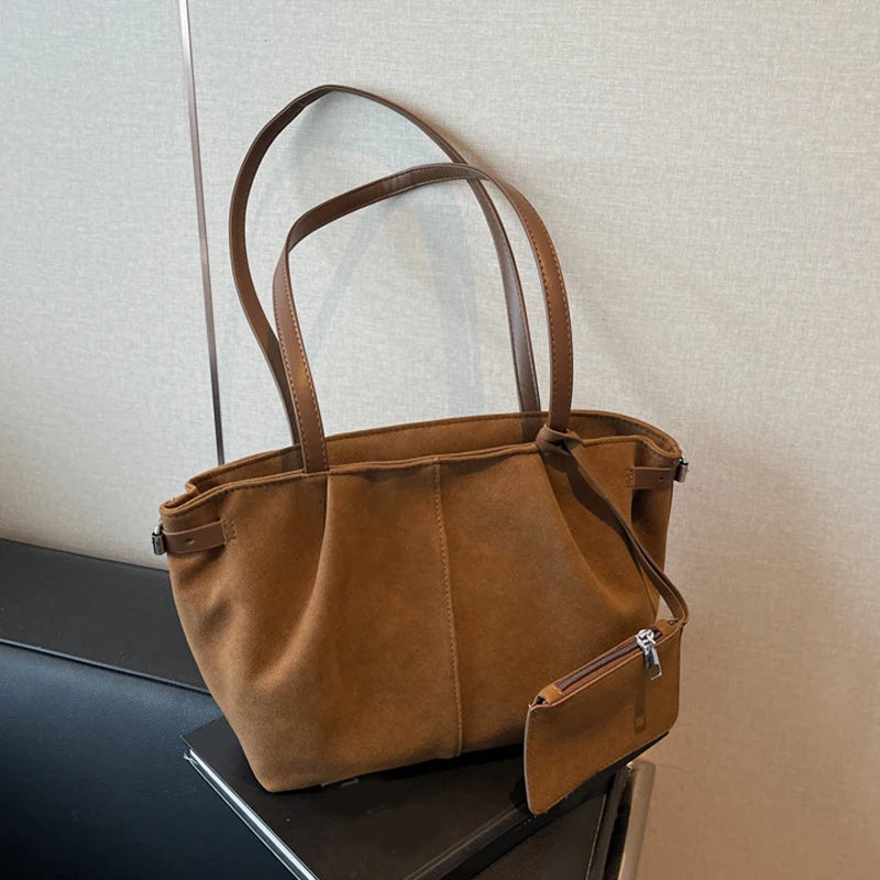 Suede Shoulder Bags for Women Large Capacity Totes Lightweight Underarm Bag Casual Shopper Handbag Solid Color Travel Bucket Bag