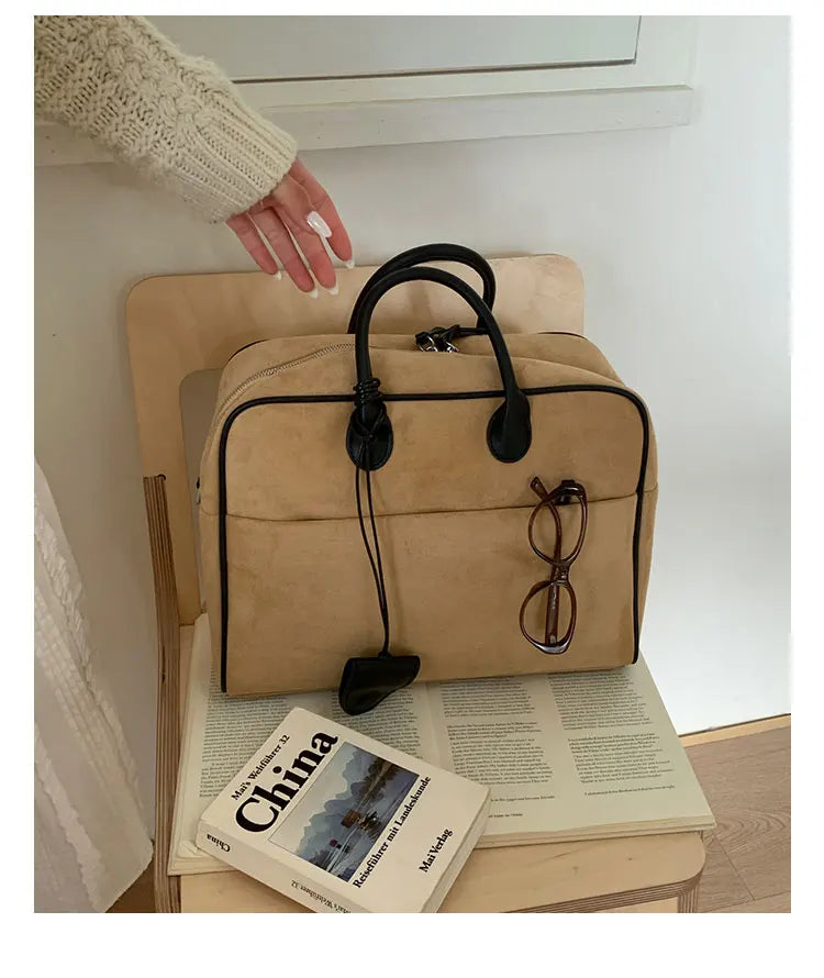 Faux Suede Taupe Retro Tote Bags for Women Solid Color Large Capacity Commuting Versatile Casual Shoulder Bag Classic Handbag