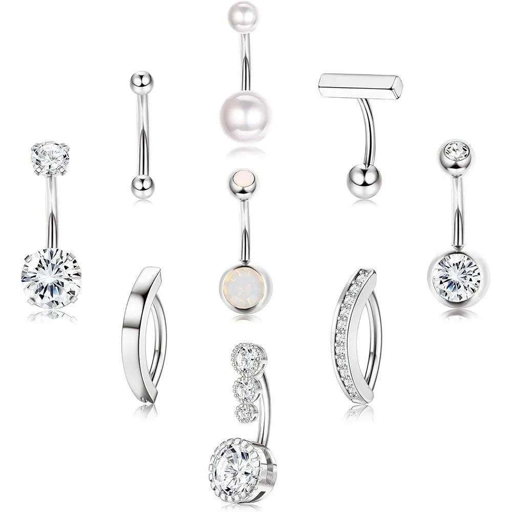 9pcs Set Trendy Classic Arc Double Head Shiny Round Zircon Navel Ring for Women Men Stainless Steel Piercing Body Jewelry Sets