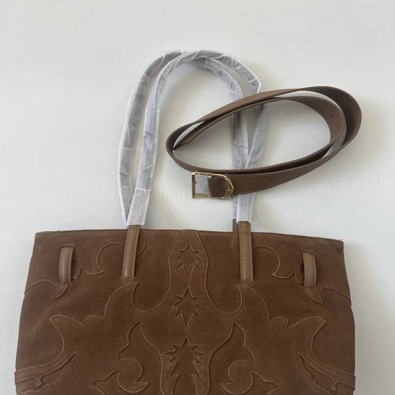 New Brown Suede Hobo Bag for Women, Studded Cowhide Large Tote Purse, Faux Suede Leather Shoulder Crossbody Handbag for Shopping