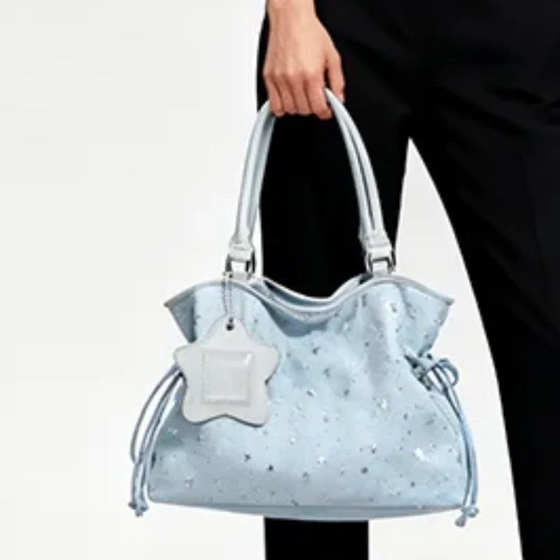 Polka Dot Suede Shoulder Bag Women Stylish Brown Slouchy Tote Drawstring Design Magnetic Buckle Underarm Bag With Star Pendant