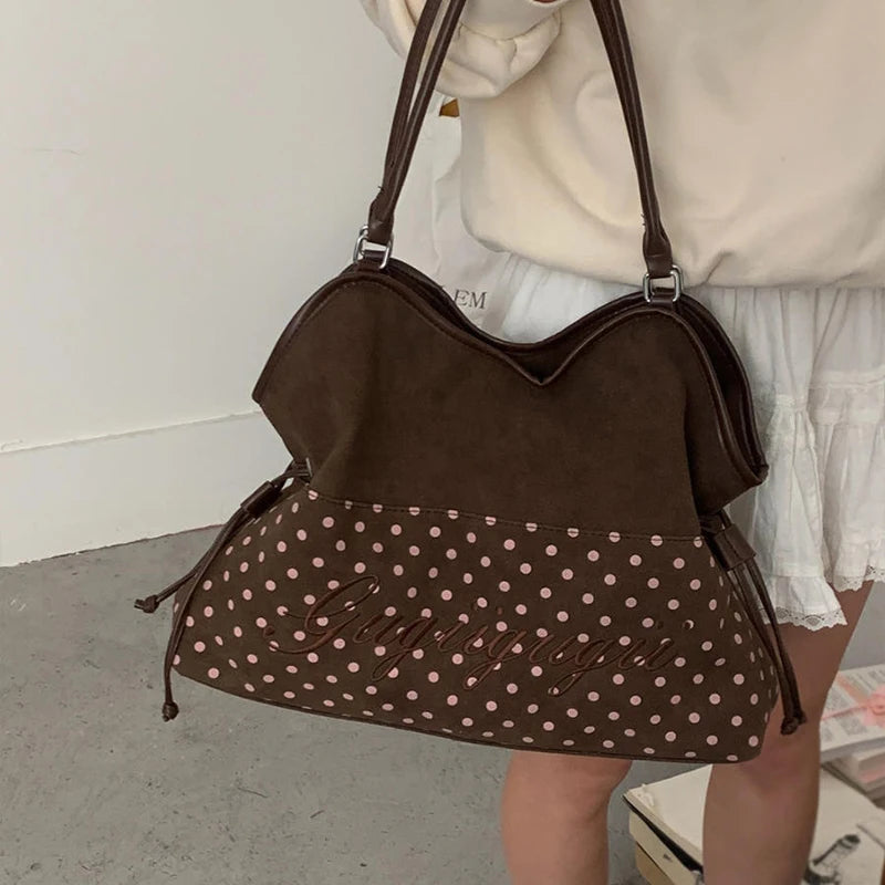 Polka Dot Suede Shoulder Bag Women Stylish Brown Slouchy Tote Drawstring Design Magnetic Buckle Underarm Bag With Star Pendant