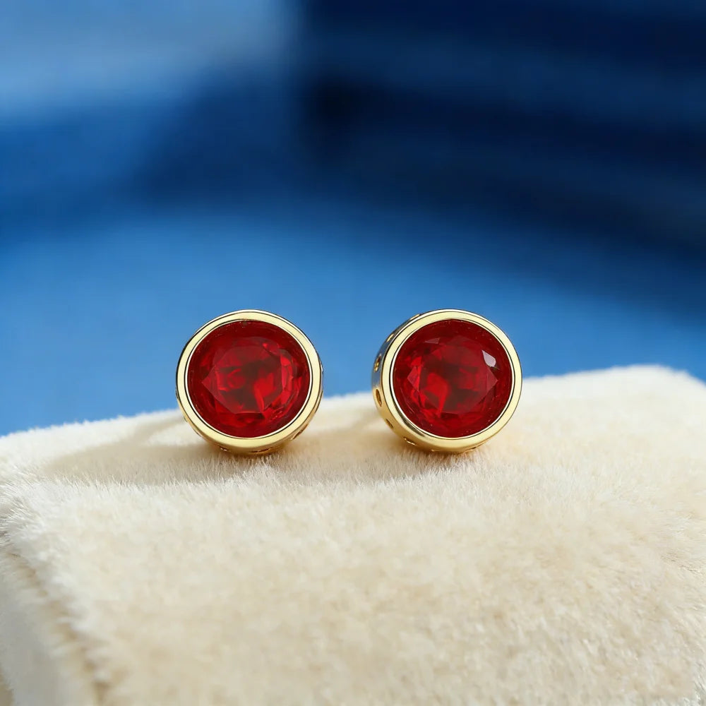 Red Zircon Round Stud Earrings For Women Men Gold Color Female Male Wedding Engagement Party Jewelry Mother Valentine Day Gifts