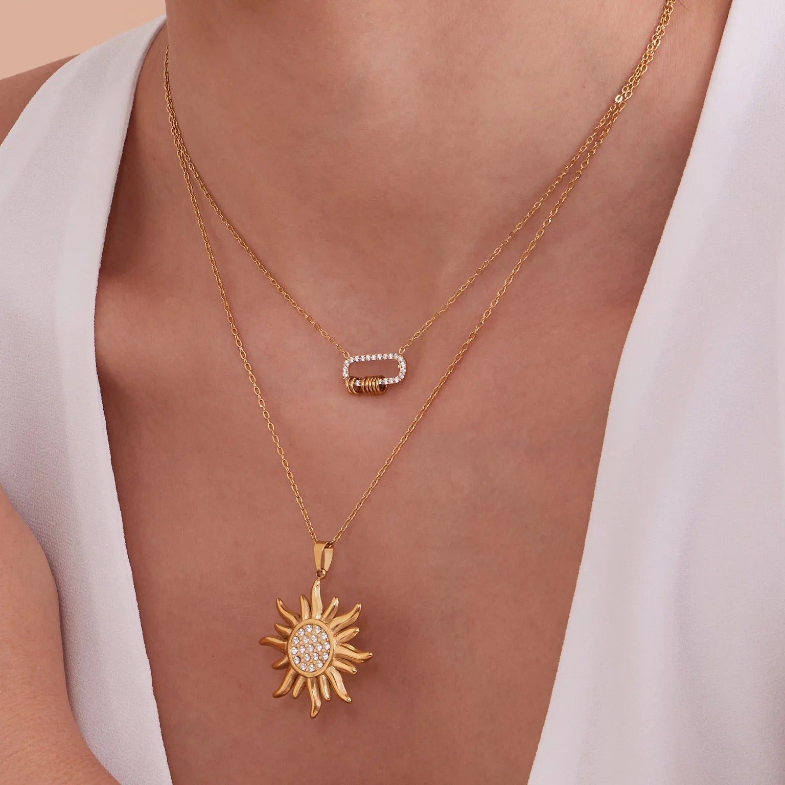 Liora Delicate Zircon Sun Oval Pendant Stainless Steel Chain Necklaces For Women Wedding Charm Neck Drop Choker Women Jewelry