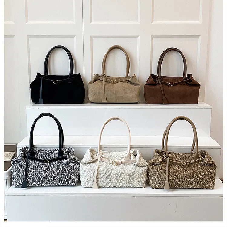 Belt Design Matte Leather Women's Tote Shoulder Bag Suede Velvet Female Underarm Bags Large Capacity Ladies Work Handbags Purse