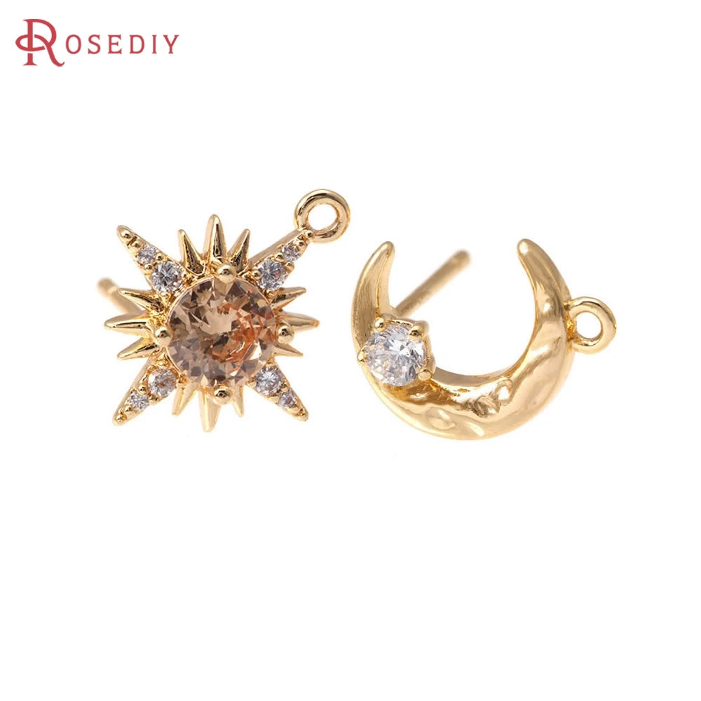 2 Pairs(1 Pair including 1 Sun and 1 Monn) 18K Gold Color Brass and Zircon Stud Earrings Pins Earrings High Quality Diy Making
